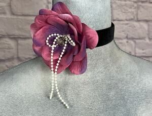 Handmade Velvet Choker with Offset Flower, Pearl Bow & Tiny Locket Box Pendant